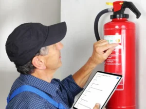 inspector revisando etiqueta de extintor