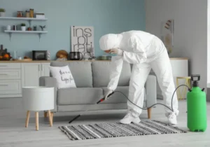 Profesional fumigando departamento pequeño