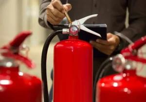 ingenieros estan revisando extintores incendios